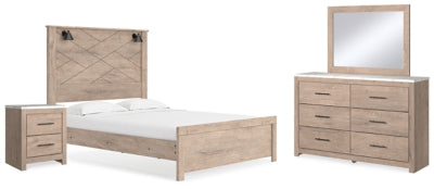 Cama Senniberg Queen con paneles, tocador, espejo y mesita de noche