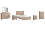 Cama Senniberg Queen con paneles, tocador, espejo, cómoda y dos mesitas de noche