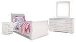 Cama trineo individual Anarasia, tocador, espejo y mesita de noche