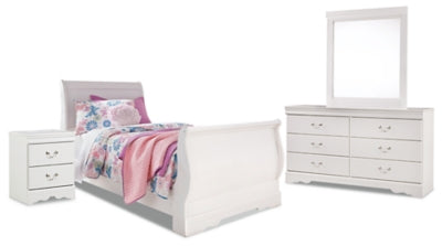 Cama trineo individual Anarasia, tocador, espejo y mesita de noche