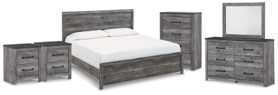 Cama King Bronyan con paneles, tocador, espejo, cómoda y dos mesitas de noche