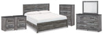 Cama King Bronyan con paneles, tocador, espejo, cómoda y dos mesitas de noche