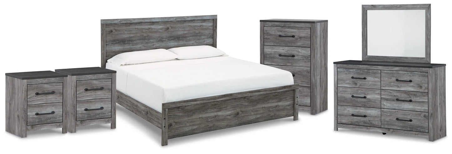 Cama King Bronyan con paneles, tocador, espejo, cómoda y dos mesitas de noche