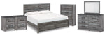 Cama King Bronyan con paneles, tocador, espejo, cómoda y dos mesitas de noche