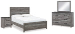 Cama Queen Bronyan con paneles, tocador, espejo y mesita de noche