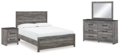 Cama Queen Bronyan con paneles, tocador, espejo y mesita de noche