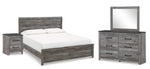 Cama King Bronyan con paneles, tocador, espejo y mesita de noche