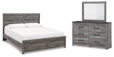 Cama King Bronyan con paneles, cómoda y espejo