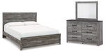 Cama King Bronyan con paneles, cómoda y espejo