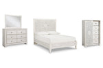 Cama Paxberry con paneles completos, tocador, espejo y cómoda