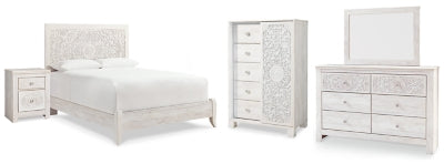 Cama Queen con paneles, tocador, espejo, cómoda y mesita de noche Paxberry