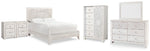 Cama Queen con paneles Paxberry, tocador, espejo, cómoda y dos mesitas de noche