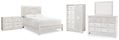 Cama Queen con paneles Paxberry, tocador, espejo, cómoda y dos mesitas de noche
