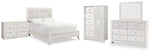 Cama Queen con paneles Paxberry, tocador, espejo, cómoda y dos mesitas de noche