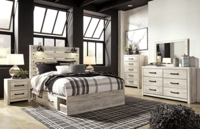 Cama Queen Cambeck con almacenamiento, tocador, espejo, dos cómodas y dos mesitas de noche