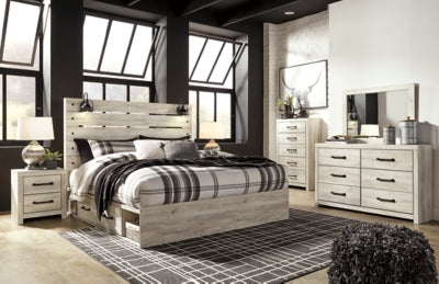 Cama King Cambeck con espacio de almacenamiento, tocador, espejo, cómoda y dos mesitas de noche