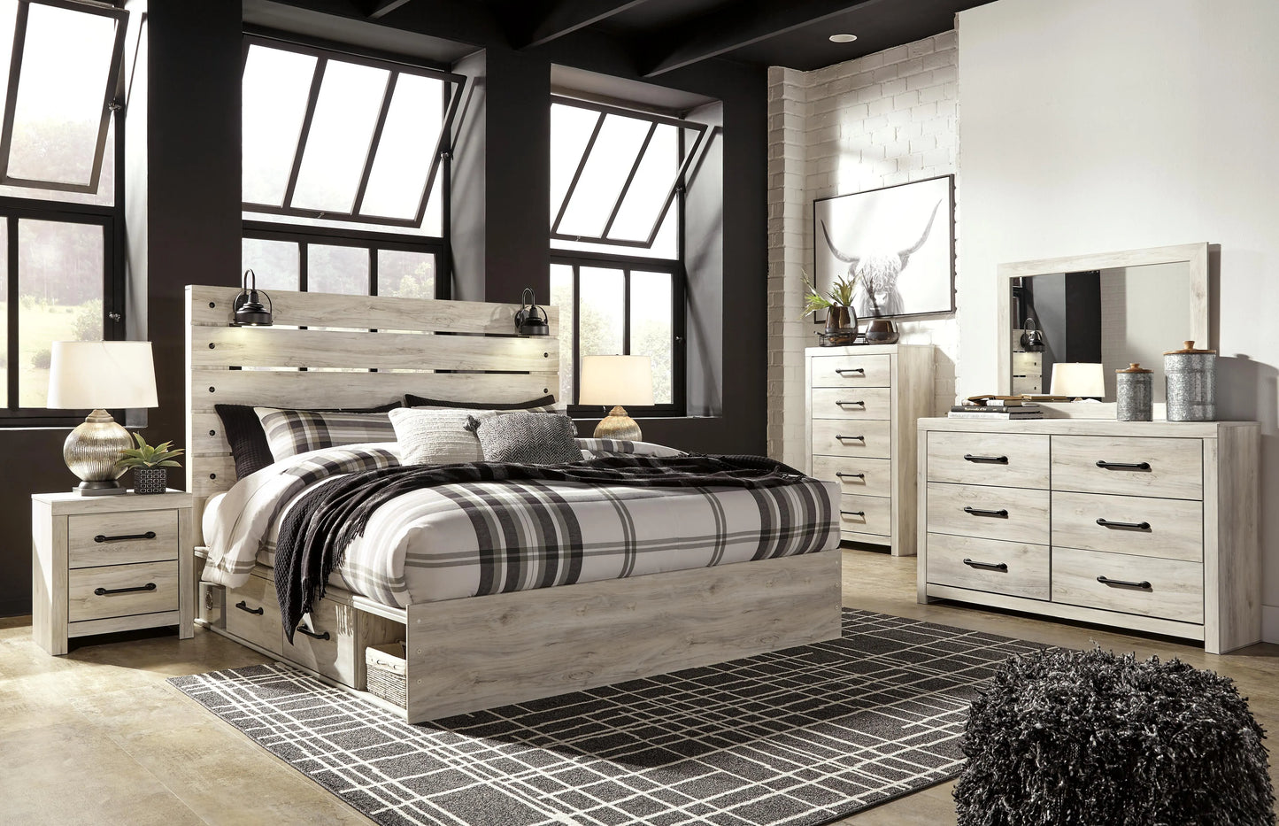Cama King Cambeck con espacio de almacenamiento, tocador, espejo, cómoda y dos mesitas de noche