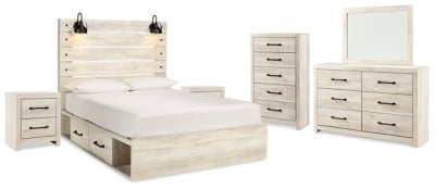 Cama Queen Cambeck con espacio de almacenamiento, tocador, espejo y dos mesitas de noche