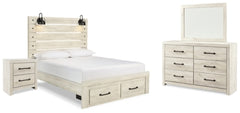 Cama Queen Cambeck con almacenamiento, tocador, espejo y mesita de noche