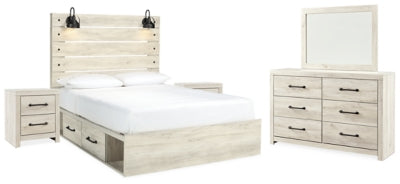 Cama Queen Cambeck con espacio de almacenamiento, tocador, espejo y dos mesitas de noche