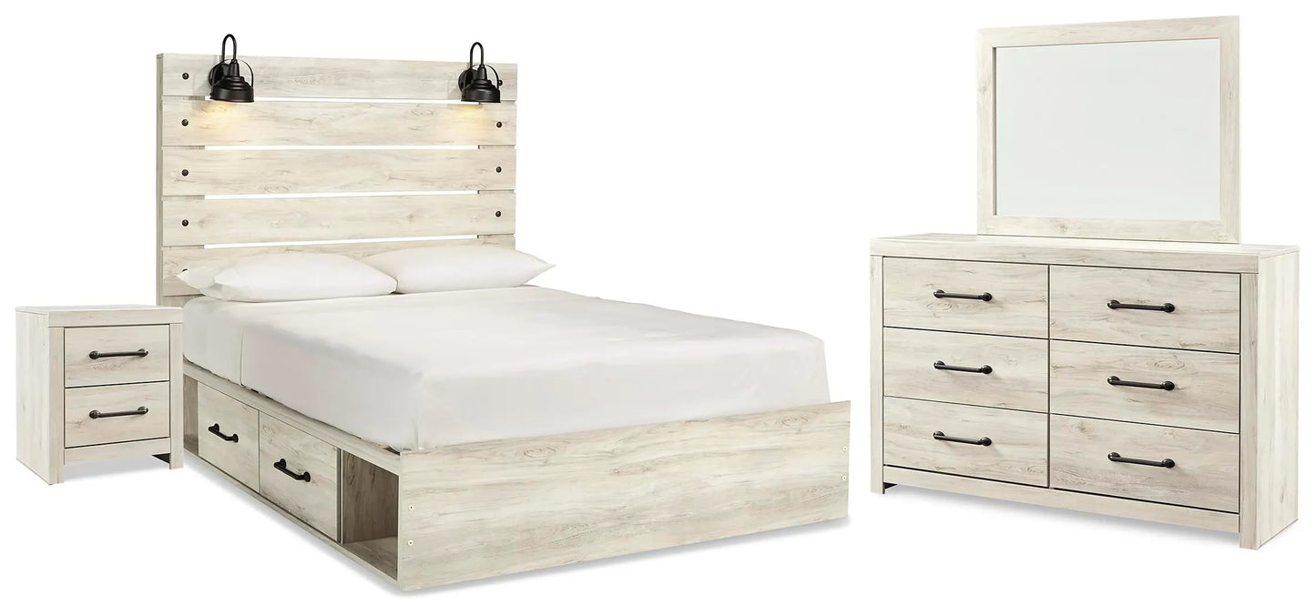 Cama Queen Cambeck con paneles, espacio de almacenamiento, tocador y espejo