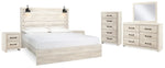 Cama King Cambeck con paneles, tocador, espejo, cómoda y dos mesitas de noche