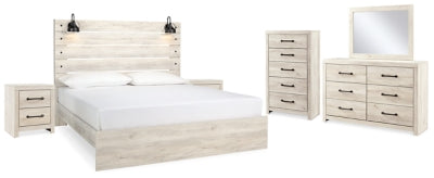 Cama King Cambeck con paneles, tocador, espejo, cómoda y dos mesitas de noche