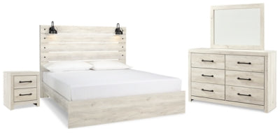 Cama King Cambeck con paneles, tocador, espejo y mesita de noche