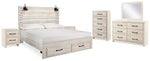 Cama King Cambeck con almacenamiento, tocador, espejo, cómoda y dos mesitas de noche