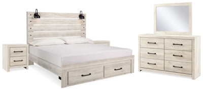 Cama King Cambeck con almacenaje, tocador, espejo y dos mesitas de noche