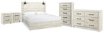 Cama King Cambeck con paneles, cómoda, arcón y dos mesitas de noche