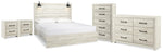 Cama King Cambeck con paneles, cómoda, arcón y dos mesitas de noche