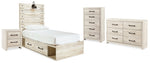 Cama doble con paneles, cómoda, arcón y mesita de noche Cambeck
