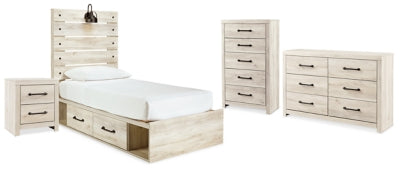 Cama doble con paneles, cómoda, arcón y mesita de noche Cambeck
