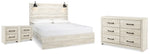 Cama King Cambeck con paneles, cómoda y dos mesitas de noche