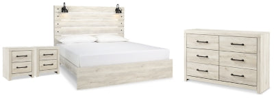 Cama King Cambeck con paneles, cómoda y dos mesitas de noche