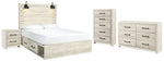 Cama Queen Cambeck con paneles, espacio de almacenamiento, cómoda, arcón y mesita de noche