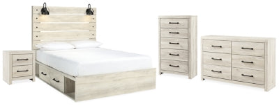 Cama Queen Cambeck con paneles, espacio de almacenamiento, cómoda, arcón y mesita de noche