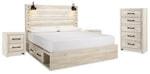 Cama King Cambeck con paneles, espacio de almacenamiento, cómoda y dos mesitas de noche
