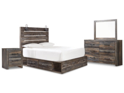 Cama Queen Drystan con paneles, tocador con espejo y mesita de noche
