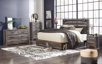 Cama Drystan King con paneles, espacio de almacenamiento, tocador, espejo, cómoda y dos mesitas de noche