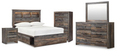 Cama con estantería completa Drystan, tocador, espejo, cómoda y mesita de noche