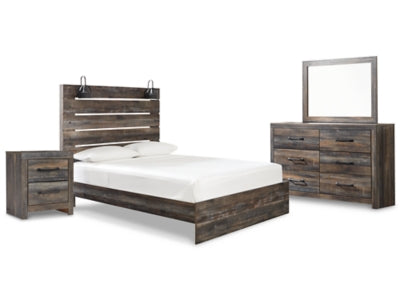 Cama Queen Drystan con paneles, tocador, espejo y mesita de noche