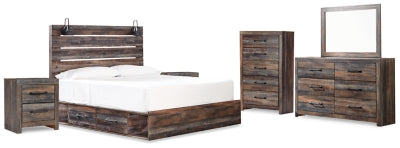 Cama Drystan King con paneles, espacio de almacenamiento, tocador, espejo, cómoda y dos mesitas de noche
