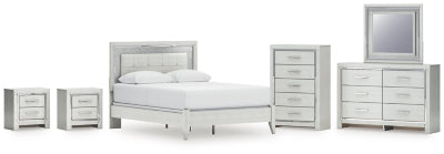 Cama Queen tapizada Zyniden con paneles, tocador, espejo, cómoda y dos mesitas de noche