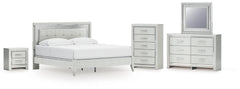 Zyniden King Upholstered Panel Bed, Dresser, Mirror, Chest and Nightstand