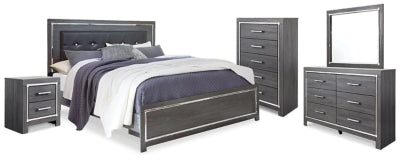 Cama King Lodanna con paneles tapizados, tocador, espejo, cómoda y mesita de noche