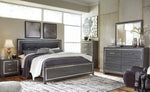 Cama King Lodanna con paneles, tocador, espejo, cómoda y dos mesitas de noche