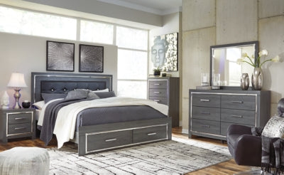 Cama King Lodanna tapizada con almacenaje, tocador, espejo, cómoda y dos mesitas de noche
