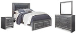 Cama Queen Lodanna con paneles tapizados, cómoda, espejo y mesita de noche.
